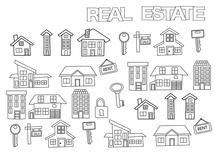 Hand drawn real estate set. Coloring book page - Green Residential ...