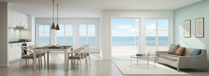 Sea view living room, dining room and kitchen, Beach house