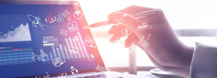 Businessman working with modern laptop and icon.strategy concept