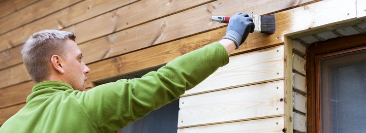 painter with paintbrush painting house wood facade