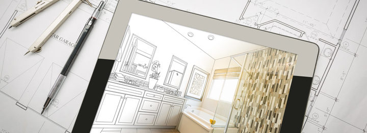 Computer Tablet with Master Bathroom Design Over House Plans, Pencil and Compass.