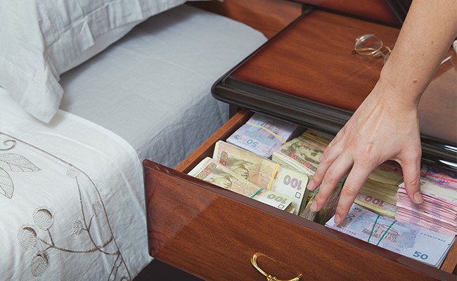 Cash stored in a drawer